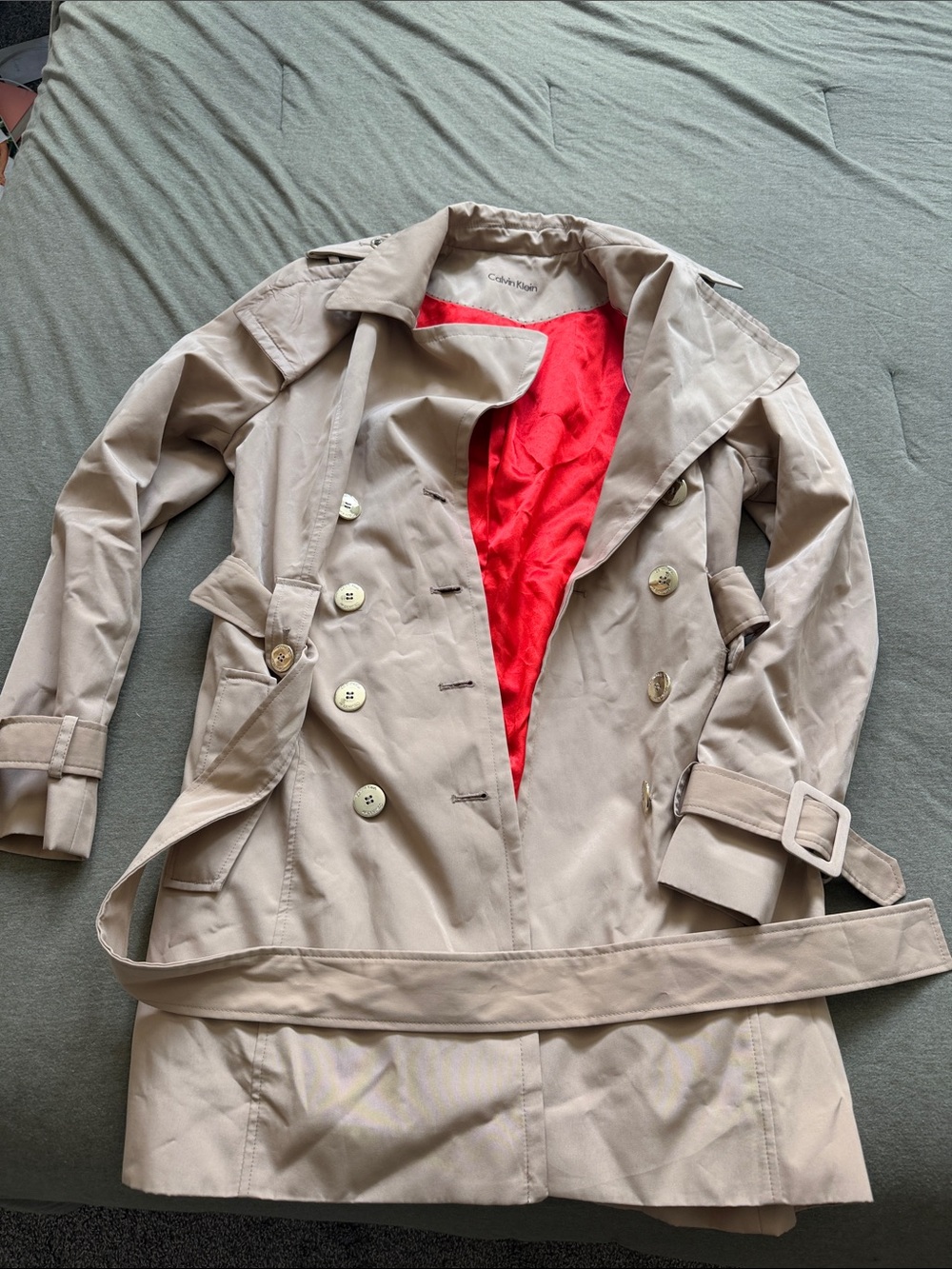 Calvin Klein Beige Trench Coat with Red Lining